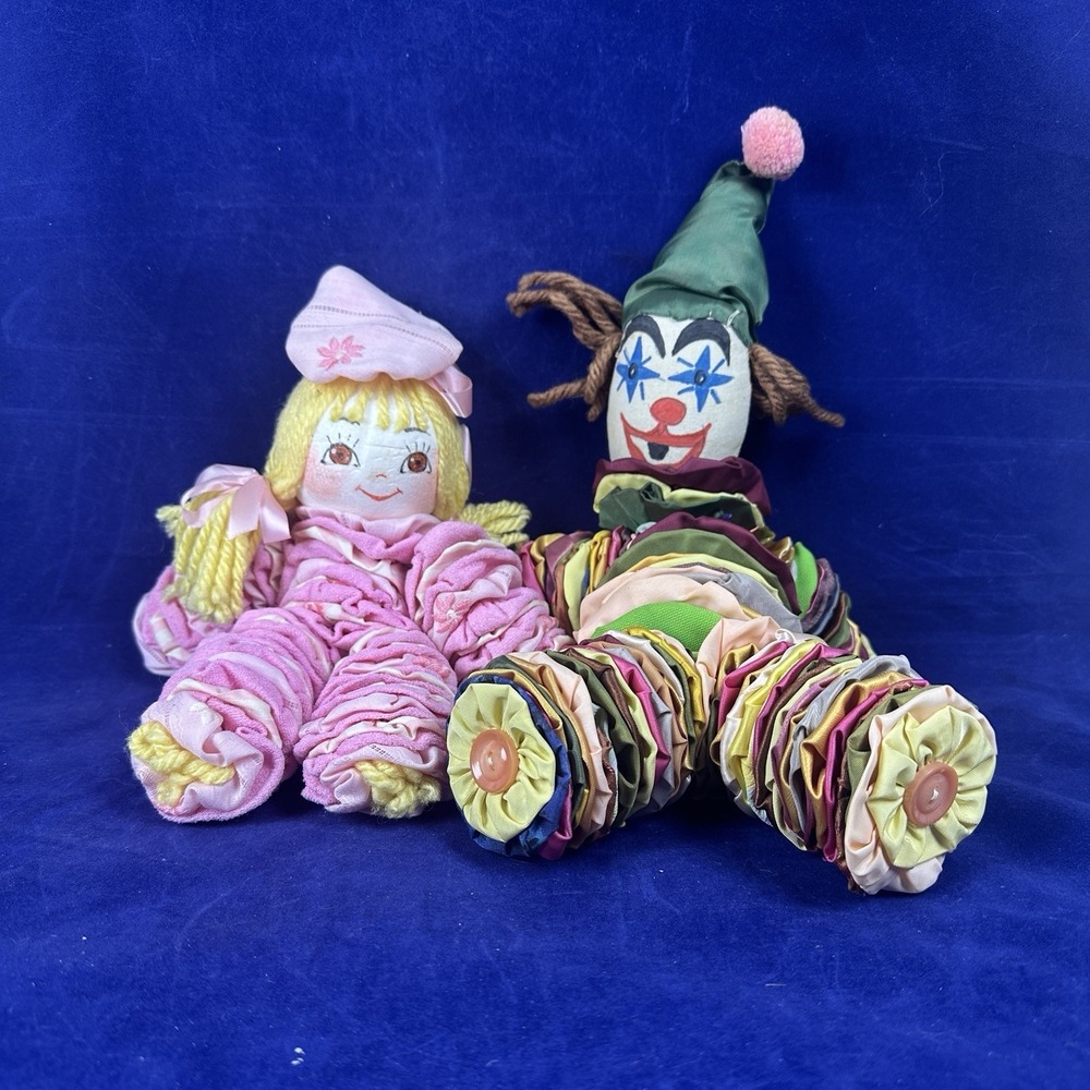 Set Of 2 Vintage 1950' / 60's Yo-yo Quilt Fabric Clown Dolls Handmade